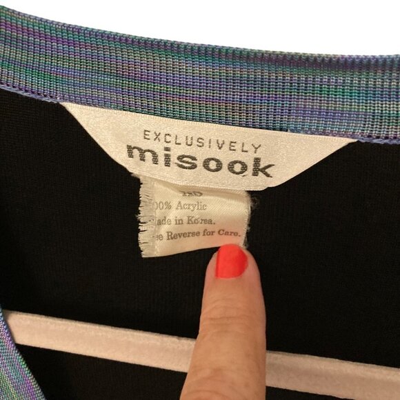 Exclusively Misook Black Open Cardigan Sweater Blue Purple Trim Pockets Sz XS - Picture 4 of 8